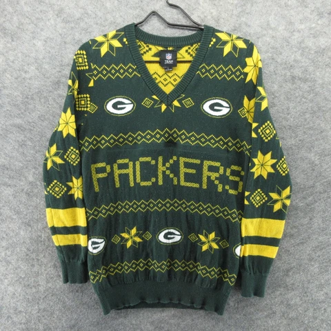 Green Bay Packers Sweater Womens Large Yellow V-Neck Tight Knit Cotton NFL Ugly Cover