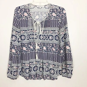 Daniel Rainn Top Women's S Floral Tassels Pom Pom Trim Long Sleeve Peasant - Picture 1 of 10