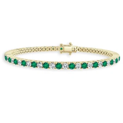 3.29ct F/SI 100% Natural Emerald & Diamond Tennis Bracelet, 18k Yellow Gold - Image 1 of 4