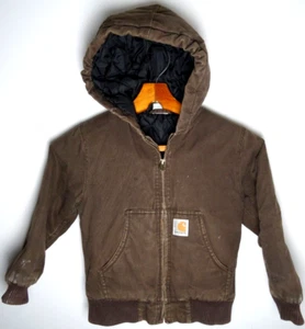 Vintage Carhartt Brown Canvas Quilted Insulated Jacket Kids Boys XXS Hooded - Picture 1 of 4