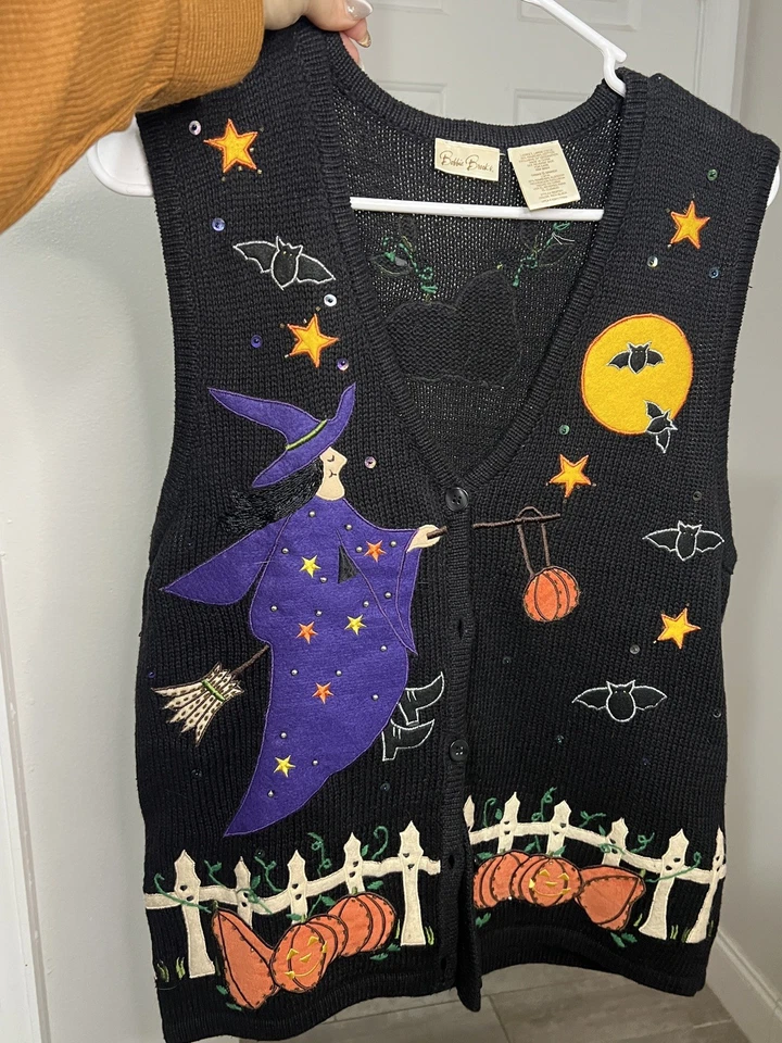 复古 Bobbie Brooks 大号万圣节毛衣背心装饰串珠女巫南瓜 — 第 1/4 张图片