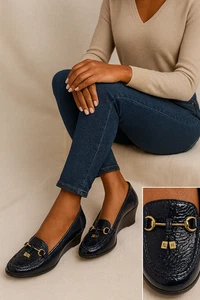 Ralph Lauren Rory Patent Leather Loafer Wedge Blue Horsebit Tassel Size 9.5B - Picture 1 of 11