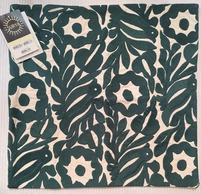 Surya 18x18 Pillow Cover Off-White with Green Applique & Embroidery New! - Image 1 of 4