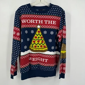 RAD Engine Mens Ugly Christmas Sweater Size L Worth The Weight Pizza Novelty - Picture 1 of 9