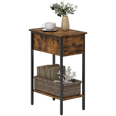 HOMCOM Industrial Slim End Table Nightstand for Small Spaces Rustic Brown - Image 1 of 4