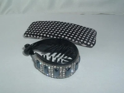 VINTAGE BLACK & WHITE FABRIC COVERED BARRETTE & BLACK PONYTAIL CLAW BARRETTE - Image 1 of 4
