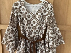Vintage 1970s Retro Fabric Pattern Bell sleeves Cream Brown maxi dress S 24w 32c - Picture 1 of 12