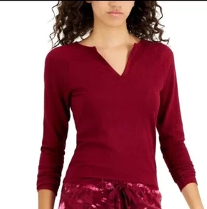Jenni Split-Neck Pyjama Top XS rot Wein Rippe-Strick Schlafshirt Loungewear - Bild 1 von 3