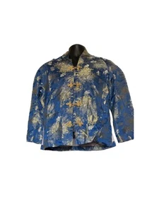 Vtg 50s Blue Asian garden brocade silk chinois jacket moa collar pockets Japan M - Picture 1 of 14