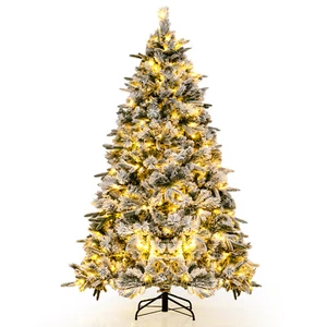 7 FT Pre-Lit Flocked Christmas Tree Hinged Xmas Decoration with 300 LED Lights - Picture 1 of 9