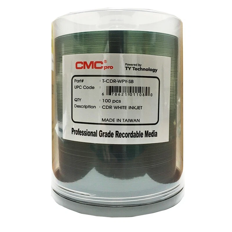 100 CMC Pro Taiyo Yuden White Inkjet 52X CDR Clear Hub Blank Disc T-CDR-WPY-SB - Image 1 of 1