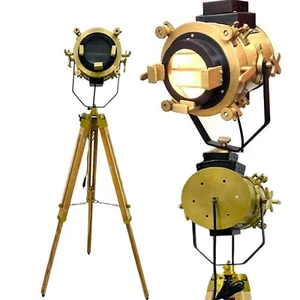 Antique Brass Finish Spotlight Floor Lamp Searchlight Wooden Tripod Stand Home - Picture 1 of 6