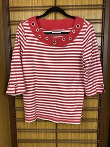 Quaker Factory Women’s Red / Dark Pink  & White Striped Rhinestone Top Size M - Picture 1 of 3