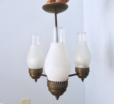 Vtg Antique Art Deco Moe Brass Stripe Ceiling Light 3-Arm Hurricane Chandelier Cover