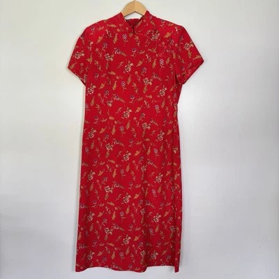 Vintage 90s Betsy's Things Asian Inspired Red Floral Sheath Midi Dress-Size 16 - Image 1 of 4