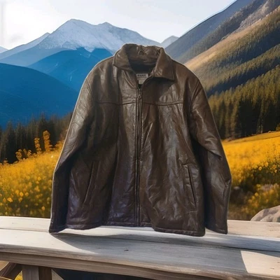 Duke Haband Jacket Patch Brown XL Leather Collared Zip Pockets Zip Out Liner  - Image 1 of 4