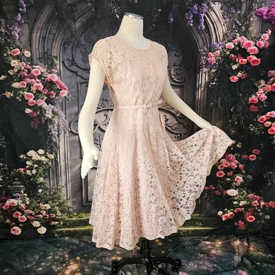 Vestido vintage años 50 60 rosa melocotón encaje superpuesto falda completa cinturón pinup  Foto 1 de 4