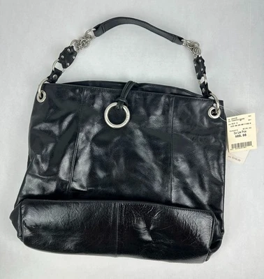 Franco Sarto Genuine Leather Shoulder Tote Purse Black Bag Silver Chain New Tags - Image 1 of 4