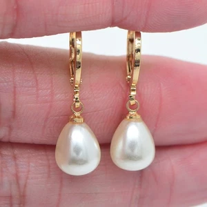 18K Yellow Gold Filled Women Fashion Clear Topaz Teardrop Pearl Dangle Earrings - Picture 1 of 1