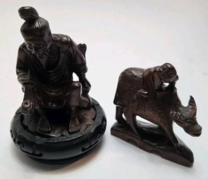 2 Wooden Hand Carved Chinese Sculpture Figurines Bull With Rider Man With Pipe - Picture 1 of 20