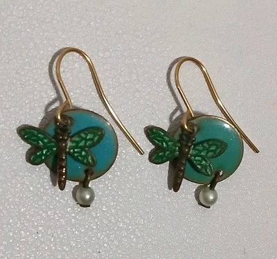 Silver Forest 18k Gold Green Enamel Dragon Fly Dangle Earrings Freshwater Pearls - Image 1 of 4