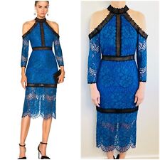Alexis Size S 8 Blue & Black lace cold shoulder Marlowe Midi Dress Designer