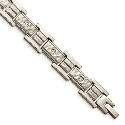 Stainless Steel Brushed Polished and Hammered w/CZ 8.5 in Bracelet - Image 1 of 4