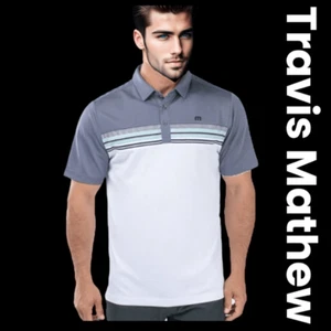 Travis Mathew Men's Striped Short Sleeve Golf Polo Shirt Gray White Size Small - Picture 1 of 16
