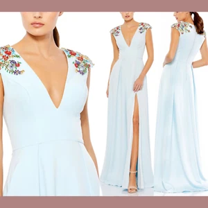 NWT IEENA Mac Duggal [ 8 ] 26540 Floral Beaded Cap Sleeve A Line Gown Blue S1321 - Picture 1 of 12