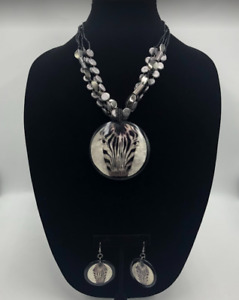 Vintage Zebra Beaded Necklace and Pierced Earring Set Wild Animal Jewelry