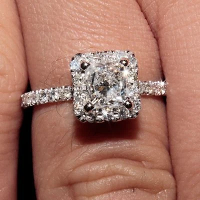 GIA Certified Diamond Halo Engagement Ring Radiant Cut  2.10 CTW 18k White Gold - Изображение 1 из 4