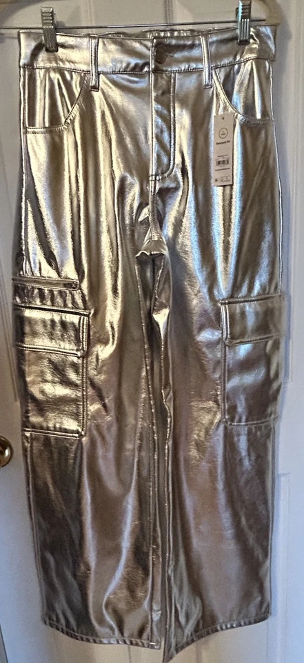 Pantalón de mezclilla cargo No Boundaries plateado metálico pierna ancha S 4/6 retro festival nuevo con etiquetas Foto 1 de 4