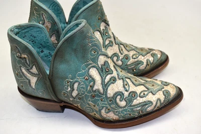 Botín Corral Mujer 7 M Turquesa/Blanco Incrustación y Bordado Corral REDONDO C3842 Foto 1 de 4