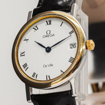*CASI COMO NUEVO* Vintage OMEGA De Ville Cuarzo Blanco Esfera Romana Fecha 25 mm Para Mujer ETA Foto 1 de 4