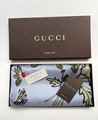 New Gucci Scarf with Gift Box Logo Kris Knight Flora Print Sky Blue Silk Wrap - Image 1 of 4