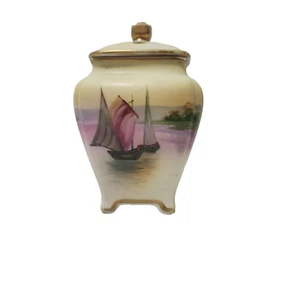 Antique or Vintage Nippon Small Porcelain Potpourri Jar with Lid Sailboat Scene - Picture 1 of 9