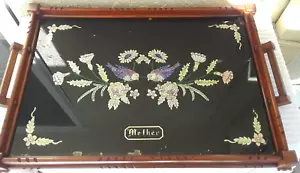Antique Eastlake Reverse Foil Painted Glass TRAY Inlay Wood "Mother" Birds - Picture 1 of 9