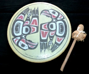 Clarence A Wells DRUM Signed handmade Stick Canadian First Nation Fish Hawk - Picture 1 of 8