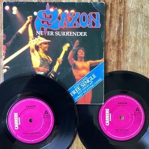 Saxon ~ Never Surrender / Bap-Shoo-Ap (Carrere 204F) 1981 1st UK 2 x Disc Vinyl - Picture 1 of 10
