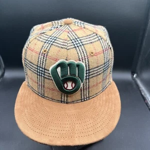 Brewers Burberry Plaid 59Fifty Cap 7 1/8 New Era Wool & Suede Tan & Brown - Picture 1 of 7