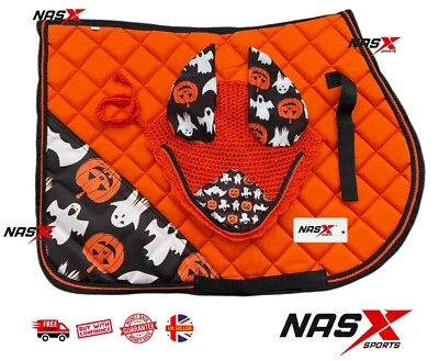 NASX SPORTS ® Halloween Pferdesattel Pad und Fliegenschleier Set Reittack UK Lager