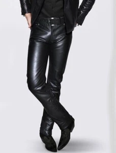 Herren Schwarz Leder Hose 100% Original Weiches Lammleder Slim Fit Freizeit Hose - Bild 1 von 5