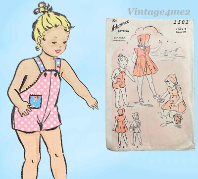 1940s Vintage Advance Sewing Pattern 2502 Cute Toddler Girls WWII Sunsuit Size 3 - Image 1 of 4
