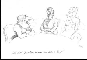 Postkarte Karikatur Kunstkarte Kohlezeichnung Tiermenschen "lockerer Vogel"  neu - Bild 1 von 1
