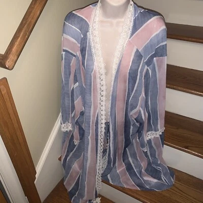 Lularoe Kimono HTF Lace Trim Lightweight Stripe Beach Jacket Duster Sz XL 💗199 - Imagem 1 de 4