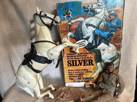 Vintage Gabriel Lone Ranger and Silver Figure, Horse and Box Cover