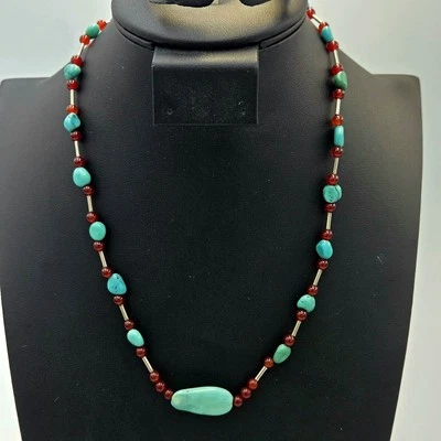 .925 Sterling Necklace Irregular Turquoise & Round Red Carnelian? 16" Necklace - Image 1 of 4