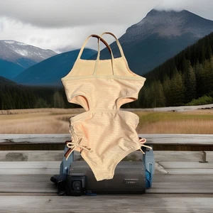 NEW! $36 Cat & Jack Swim, yellow 1 Pce LINED Girls SUMMER Swimsuit Ruched Sz 4T - Picture 1 of 3