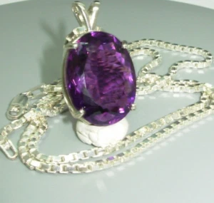 COLLANA AMETISTA RICCA DI VIOLA MINATA ENORME GEMMA 21CT E MAGLIA SCATOLA 3MM CATENA 20" - Foto 1 di 8