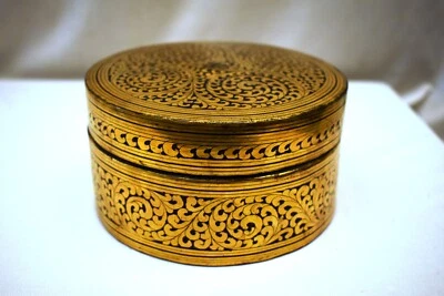 Antique Burmese Betel Nut Box Gilt Lacquerware Myanmar Floral Gold Painted Old"4 - Image 1 of 4
